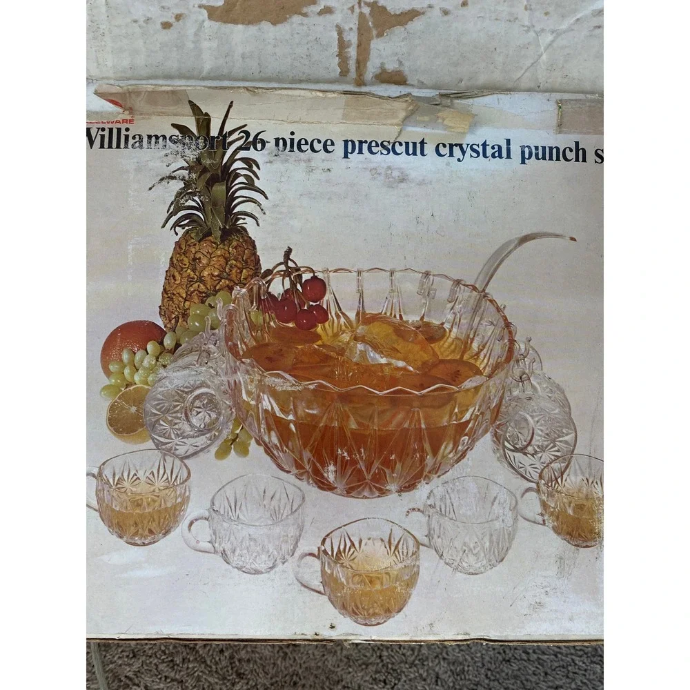 Williamsport  Vintage 12 Pc Prescut Crystal Punch Bowl Set w 10 Cups + Ladle